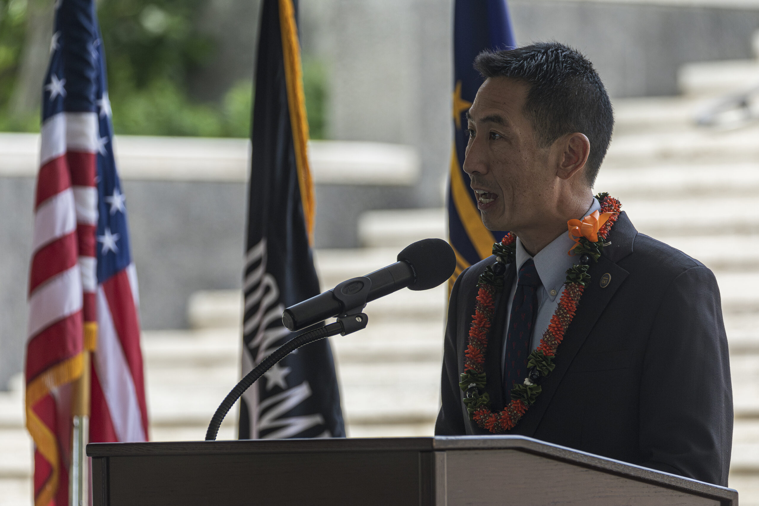 Picture of ABMC Secretary Charles K. Djou delivering remarks at the rosette ceremony on Sept. 20, 2024, at the Honolulu Memorial. Credits: American Battle Monuments Commission 