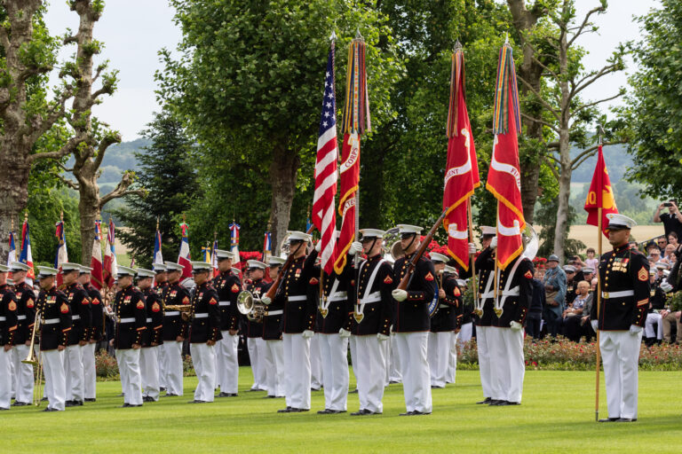 Members of the U.S. Marine Corps participated in the ceremony at Aisne-Marne American Cemetery. Photo credit: Julien Nguyen-Kim/American Battle Monuments Commission.