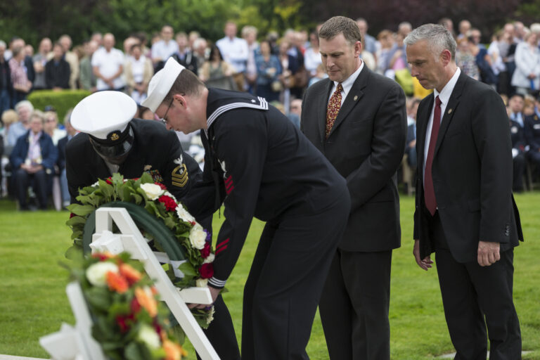 Floral wreaths were laid during the 2016 Memorial Day Ceremony at Flanders Field American Cemetery.