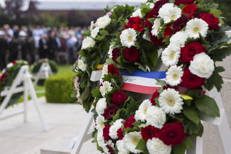 Floral wreaths were laid during the 2016 Memorial Day Ceremony at Flanders Field American Cemetery.