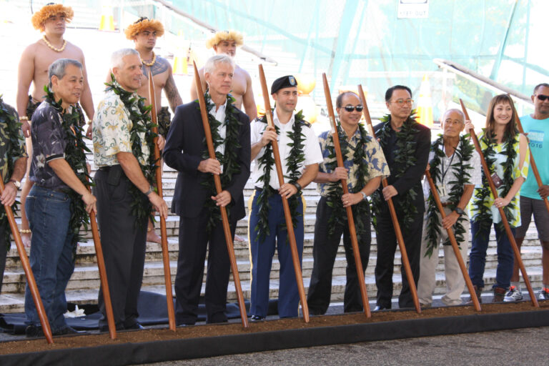 A traditional Hawaiian site blessing and groundbreaking ceremony for our the Courts of the Missing project at the Honolulu Memorial within the National Memorial Cemetery of the Pacific at Punchbowl occurred in December 2016. Image courtesy of the U.S. Army Corps of Engineers