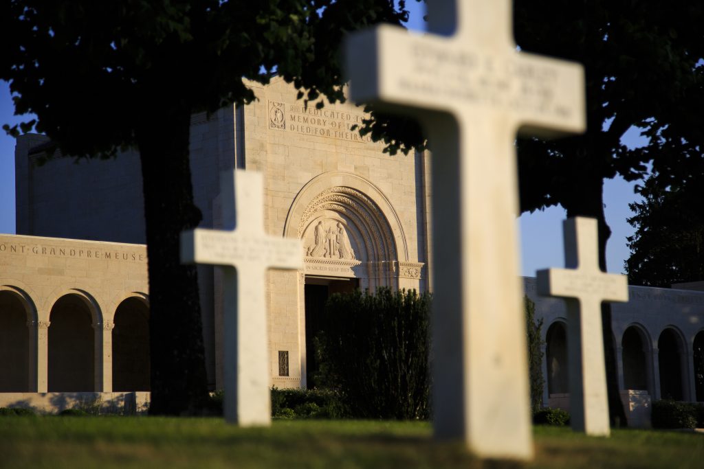 The chapel and headstones at Meuse-Argonne American Cemetery, Romagne-sous-Montfaucon, France. Credit: Warrick Page/ABMC.