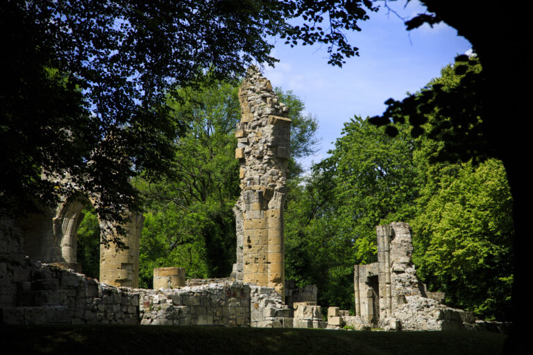 Church ruins behind Montfaucon American Monument in France. Photo Credit: Warrick Page/American Battle Monuments Commission.