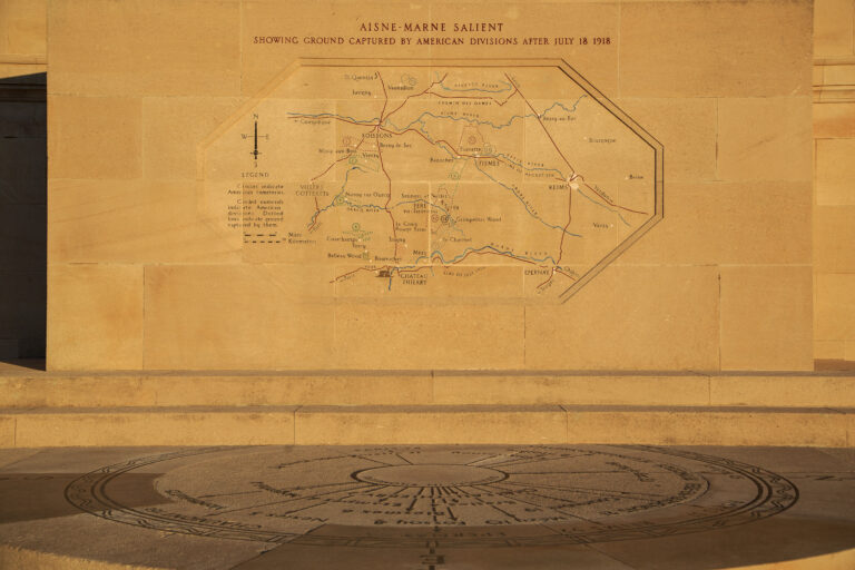 An operations map on the Chateau-Thierry American Monument shows the ground captured by American divisions after July 18