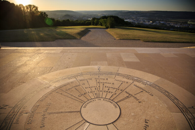 The orientation table at the Chateau-Thierry American Monuments shows the location of nearby towns and villages. Photo Credit: Warrick Page/American Battle Monuments Commission.