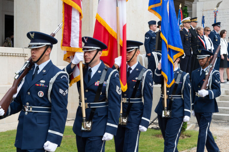 An Air Force Color Guard participates in the 2018 Memorial Day Ceremony at Lafayette Escadrille Memorial Cemetery. Image courtesy of Chantal Mistral-Bernard.