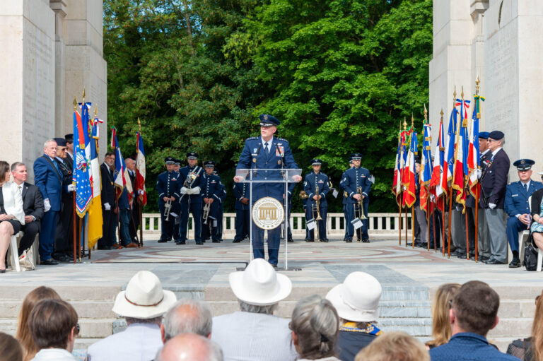 An Airman delivers remarks during the 2018 Memorial Day Ceremony at Lafayette Escadrille Memorial Cemetery. Image courtesy of Chantal Mistral-Bernard.