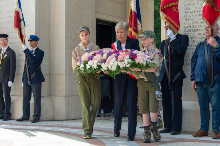 Boy Scouts helped with the wreath laying portion of the 2018 Memorial Day Ceremony at Lafayette Escadrille Memorial Cemetery. Image courtesy of Chantal Mistral-Bernard.