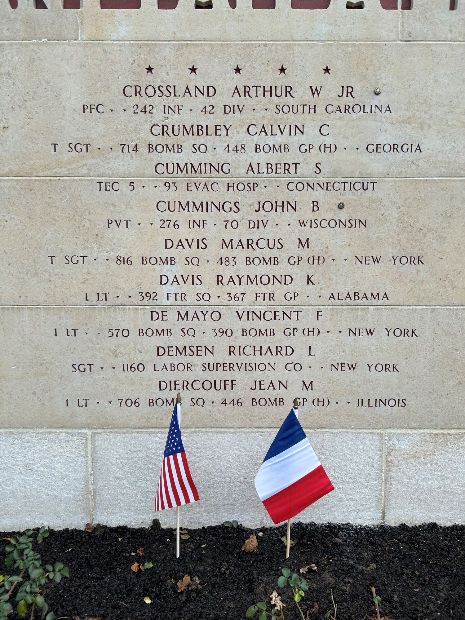 The Wall of the Missing panel with the name of Arthur W. Crossland Jr. 