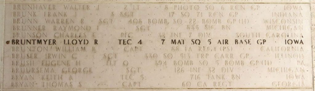 A rosette placed next to the name of Tech. 4th Grade Lloyd R. Bruntmyer Jan. 18 at Manila American Cemetery signifies that he has been identified.