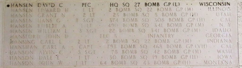 A rosette placed next to the name of Pfc. David C. Hansen Jan. 18 at Manila American Cemetery signifies that he has been identified.