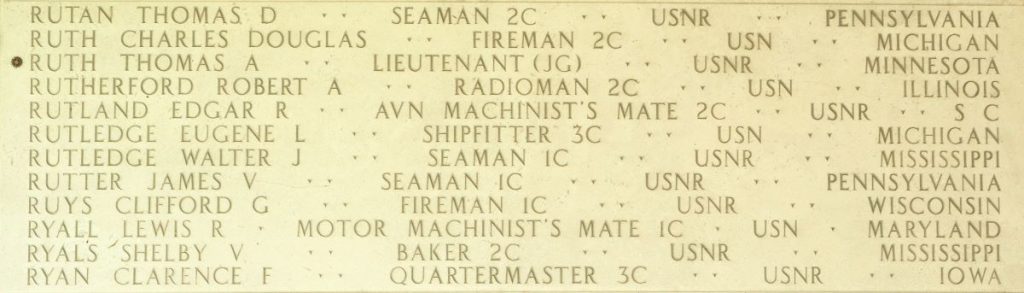 A rosette next to the name of Lt. (j.g.) Thomas A. Ruth on the Walls of the Missing at Manila American Cemetery signifies he has been identified. (Photo: American Battle Monuments Commission)