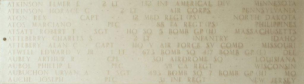 A rosette next to the name of 2nd Lt. Charles S. Atteberry on the Walls of the Missing at Manila American Cemetery signifies he has been identified. (Photo: American Battle Monuments Commission)