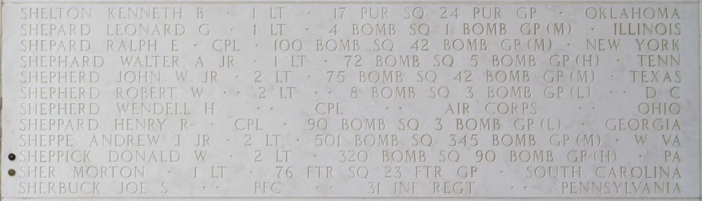 First Lt. Morton Sher memorialized on the Walls of the Missing at Manila American Cemetery.