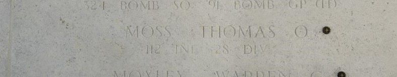 Tech Sgt. Thomas O. Moss memorialized on the Walls of the Missing at Henri-Chappelle American Cemetery.