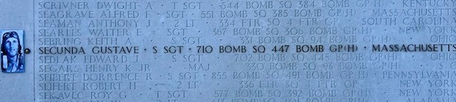 Staff Sgt. Gustave Secunda memorialized on the Walls of the Missing at Cambridge American Cemetery.