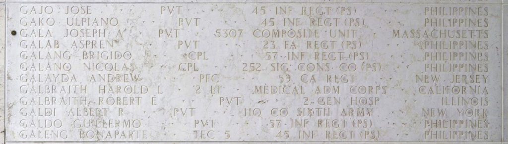 A rosette next to the name of Pvt. Joseph A. Gala on the Walls of the Missing at Manila American Cemetery signifies he has been identified. (Photo: American Battle Monuments Commission)
