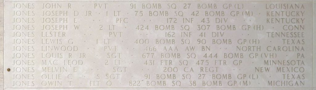 A rosette next to the name of Sgt. Melvin E. Jones on the Walls of the Missing at Manila American Cemetery signifies he has been identified. (Photo: American Battle Monuments Commission)