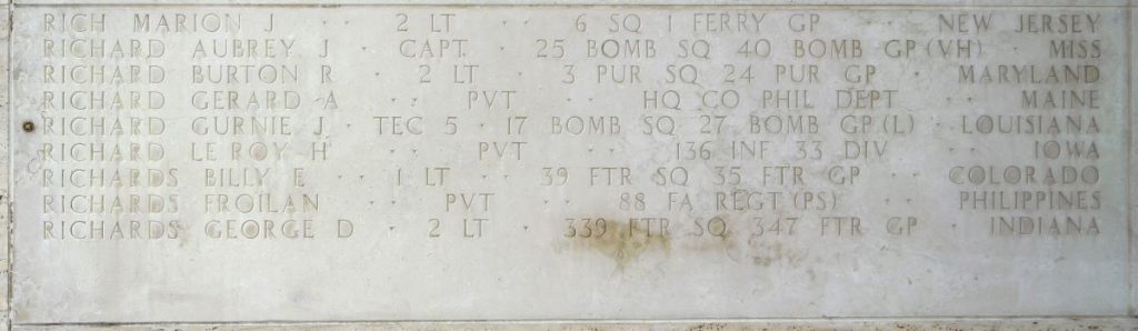 A rosette next to the name of Tech 5 Gurnie J. Richard on the Walls of the Missing at Manila American Cemetery signifies he has been identified. (Photo: American Battle Monuments Commission)