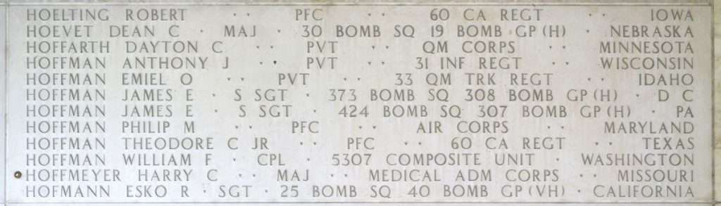 A rosette next to the name of Maj. Harry C. Hoffmeyer on the Walls of the Missing at Manila American Cemetery signifies he has been identified. (Photo: American Battle Monuments Commission)