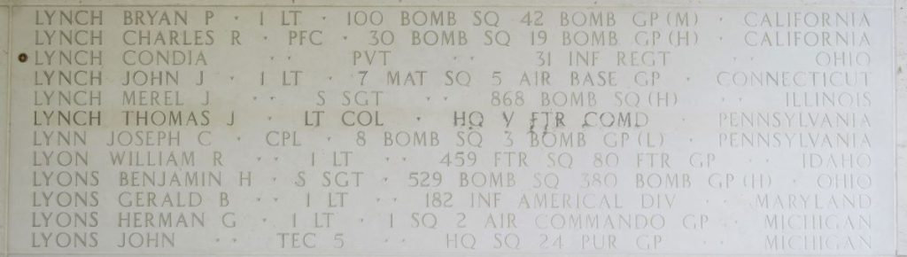 A rosette next to the name of Pvt. Condia Lynch on the Walls of the Missing at Manila American Cemetery signifies he has been identified. (Photo: American Battle Monuments Commission)