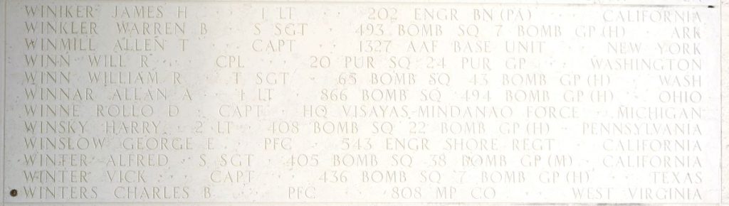 A rosette next to the name of Pfc. Charles B. Winters on the Walls of the Missing at Manila American Cemetery signifies he has been identified. (Photo: American Battle Monuments Commission)