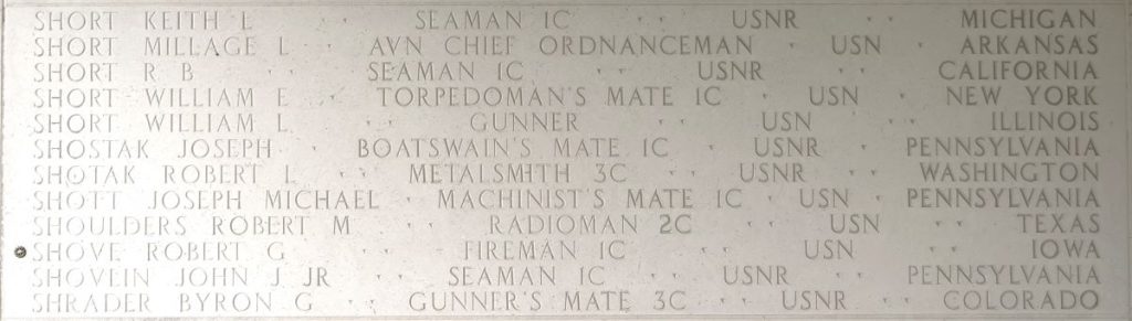 A rosette next to the name of Fireman 1st Class Robert G. Shove on the Walls of the Missing at Manila American Cemetery signifies he has been identified. (ABMC photo)