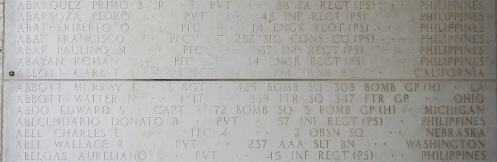 A rosette next to the name of Staff Sgt. Carl F. Abbott on the Walls of the Missing at Manila American Cemetery signifies he has been identified. (ABMC photo)