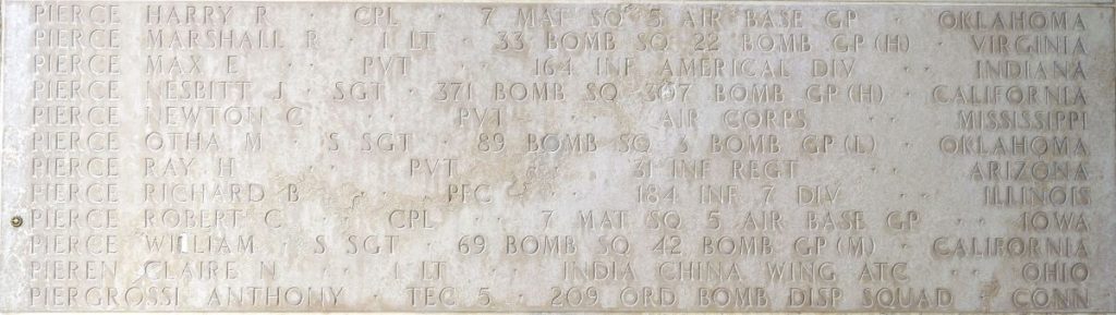 A rosette next to the name of Cpl. Robert C. Pierce on the Walls of the Missing at Manila American Cemetery signifies he has been identified. (ABMC photo)
