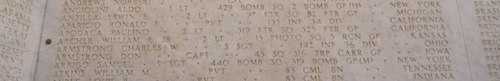 A rosette next to the name of 2nd Lt. William E. Archer on the Walls of the Missing at Sicily Rome American Cemetery signifies he has been identified. (ABMC photo)