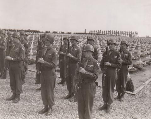 A color guard at the Netherlands American Cemetery Memorial Day ceremony in May 1945.