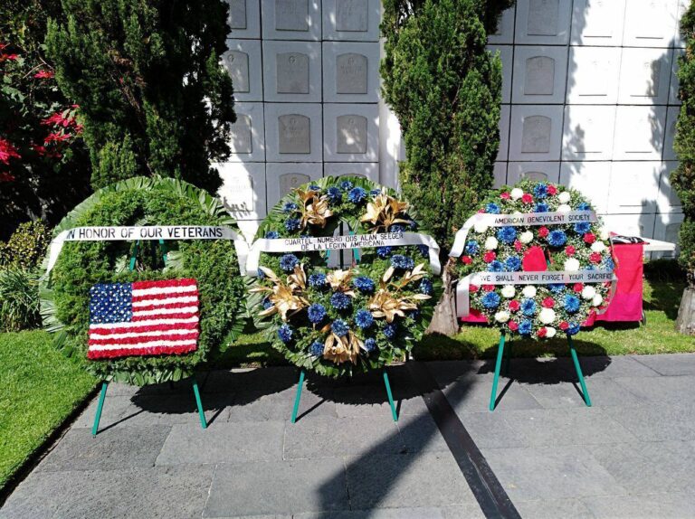 Three large floral wreaths were laid during the 2017 Veterans Day Ceremony at Mexico City National Cemetery. Image courtesy of Victor Manuel Serrano.