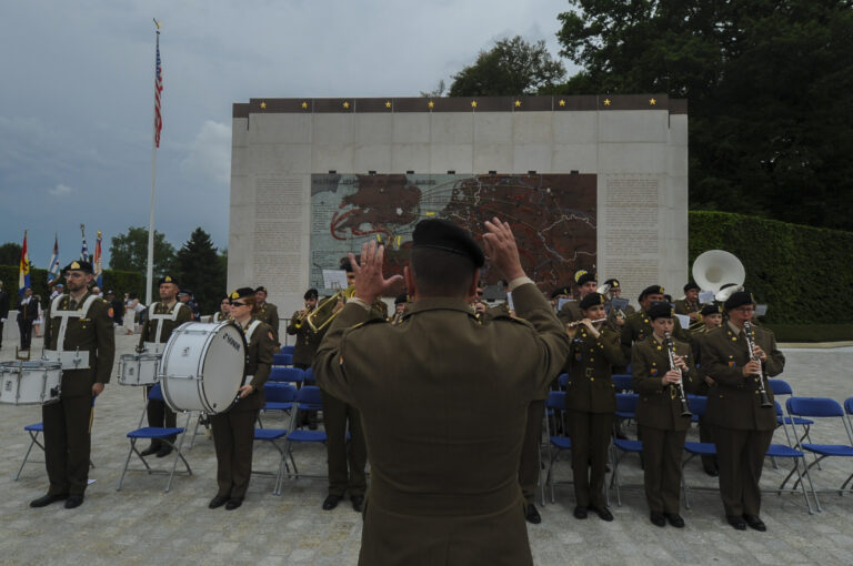 Members of the Luxembourg Army Band play their country’s national anthem during a Memorial Day ceremony at the Luxembourg American Cemetery and Memorial in Luxembourg