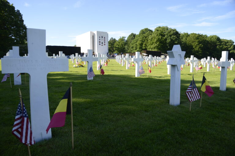 An American flag and Belgian flag were placed in front of every headstone at Ardennes American Cemetery for the 2017 Memorial Day Ceremony. Image courtesy of U.S. Embassy Brussels.