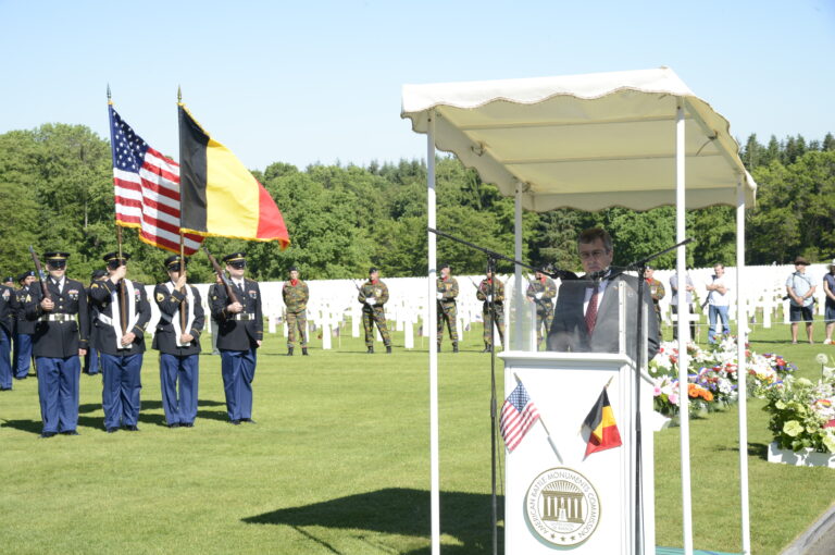 Chargé d’affaires Matt Lussenhop delivers remarks during the 2017 Memorial Day Ceremony at Ardennes American Cemetery. Image courtesy of U.S. Embassy Brussels.