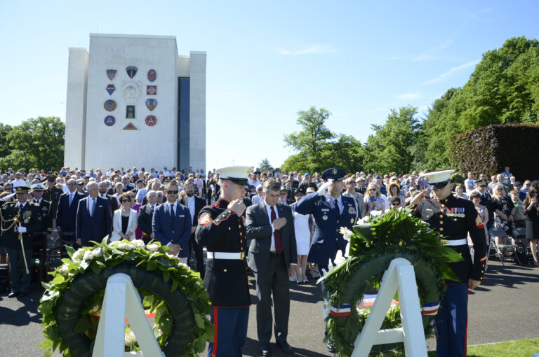 Floral wreaths were laid during the 2017 Memorial Day Ceremony at Ardennes American Cemetery. Image courtesy of U.S. Embassy Brussels.