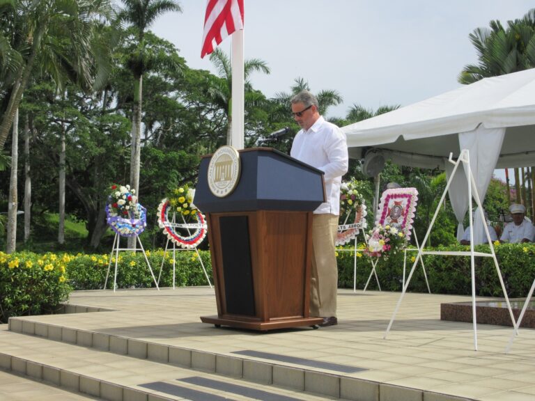 U.S. Ambassador to Panama John Feeley delivers remarks during the 2017 Memorial Day Ceremony at Corozal American Cemetery.