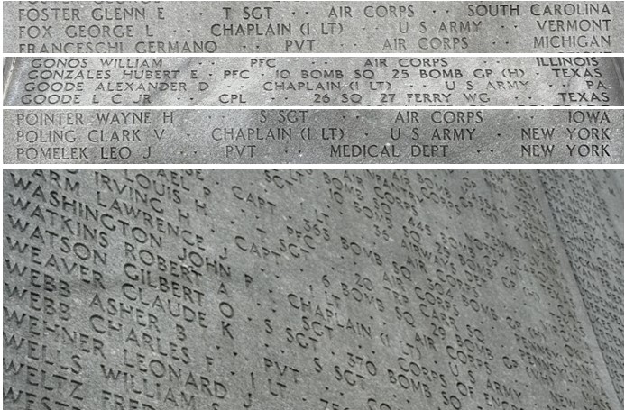 Picture of the names of the four chaplains on the pylons at East Coast Memorial. Credit: American Battle Monuments Commission.