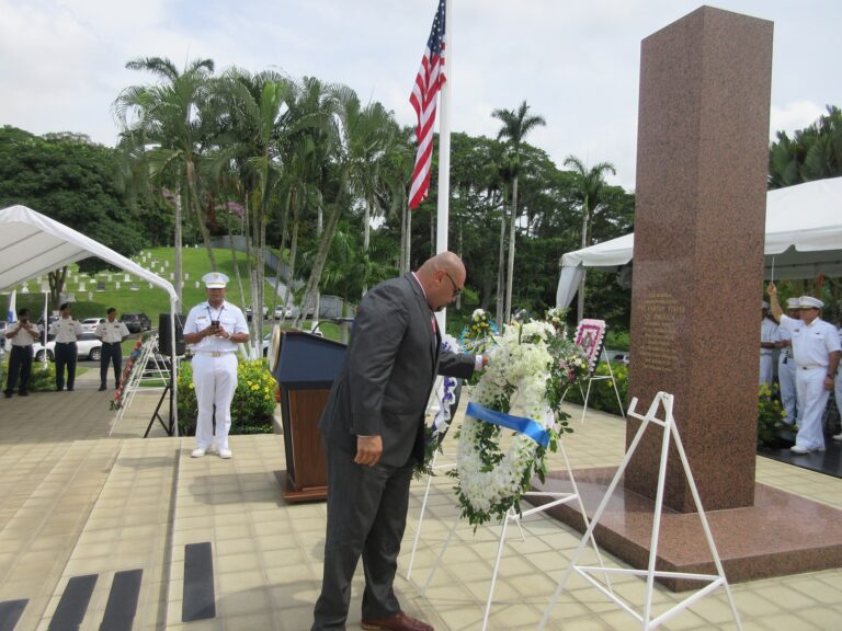 Corozal American Cemetery Superintendent Oliver Villalobos presents the ABMC wreath during the 2017 Memorial Day Ceremony at Corozal American Cemetery.