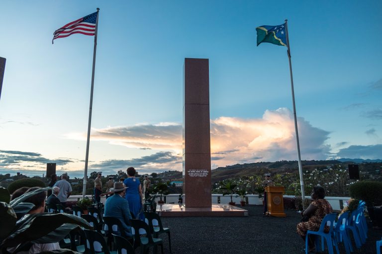 Multinational service members, veterans, Solomon Islands government leaders, members of the diplomatic community, and civilians attend the 83rd Anniversary of the Battle of Guadalcanal Ceremony at the Guadalcanal American Memorial in Honiara, Solomon Islands, Aug. 7, 2025. The ceremony commemorated the 83rd anniversary of the battle and served to honor the fallen and strengthen the U.S. relationship with the Solomon Islands and other Pacific allies and partners. The historic battle was codenamed Operation Watchtower and was the first major offensive and decisive victory for Allied forces in the Pacific theater. (U.S. Marine Corps photo by Cpl. Anita Ramos)