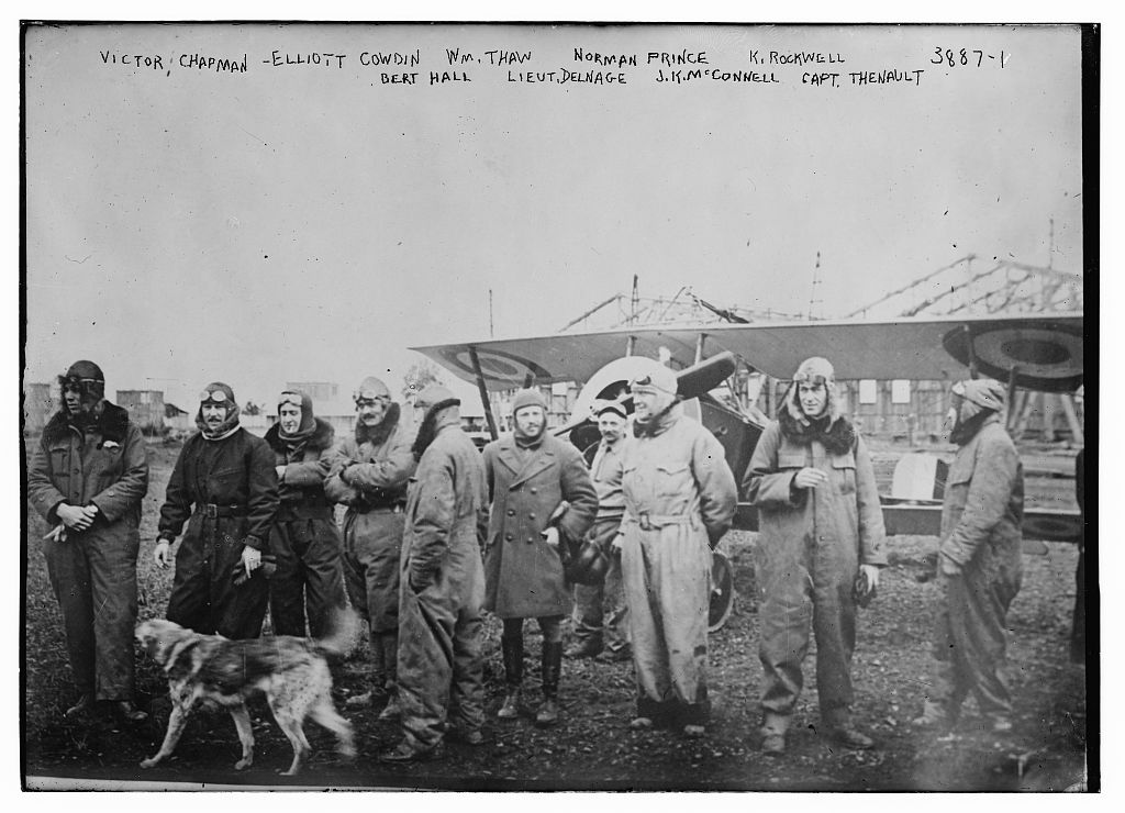 Victor Chapman, Elliott Cowdin, William Thaw, Norman Prince, Kiffin Rockwell, Bert Hall, Lt. Delnage, J.R. McConnell, and Capt. Georges Thenault, pilots of the Lafayette Escadrille, flew combat missions for France before U.S. entry into World War I. (Library of Congress)
