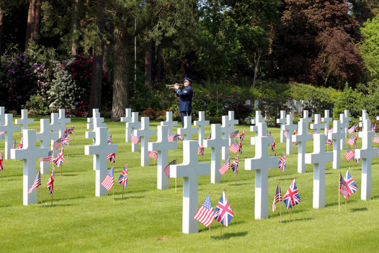 An American and British flag were placed at the base of every headstone at Brookwood American Cemetery in preparation for the 2016 Memorial Day Ceremony. Image courtesy of Antony McCallum.