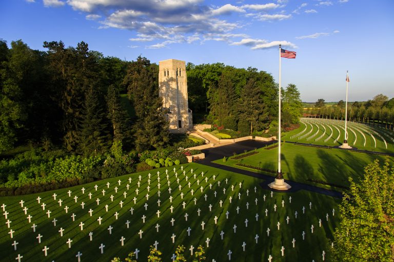 Picture of Aisne-Marne American Cemetery with the flags and the chapel. Credit: American Battle Monuments Commission/Warrick Page.