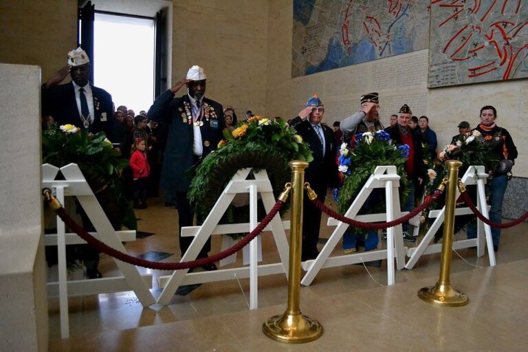 Floral wreaths were laid at Lorraine American Cemetery during the 2015 Veterans Day Ceremony. Image courtesy of Eric Jawurek.