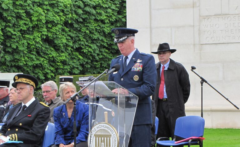 A member of the U.S. military delivers remarks during the 2016 Memorial Day Ceremony at St. Mihiel American Cemetery.