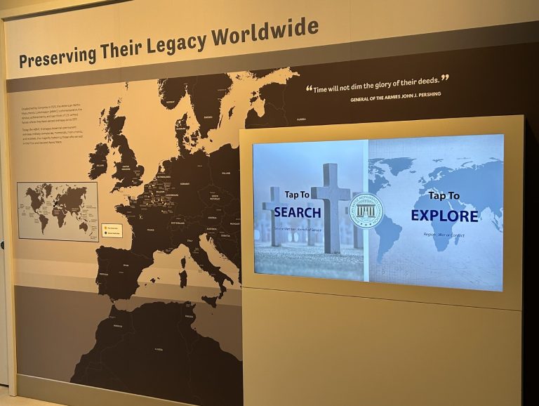 Picture of the BMED kiosk at Cambridge American Cemetery. Credit: American Battle Monuments Commission.