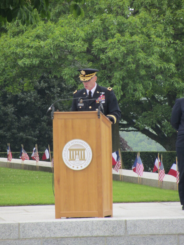 Maj. Gen. John L. Gronski delivers remarks during the 2016 Memorial Day Ceremony at Brittany American Cemetery.