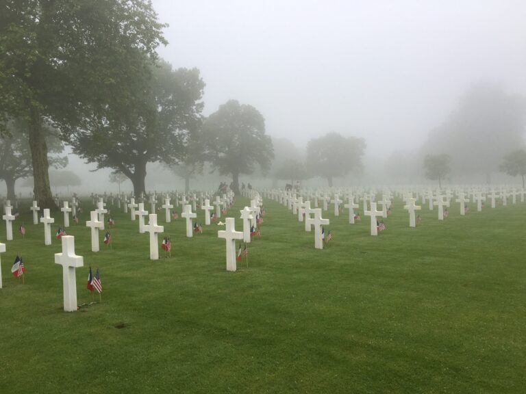 An American and French flag were placed at the base of every headstone for the 2016 Memorial Day Ceremony at Brittany American Cemetery.