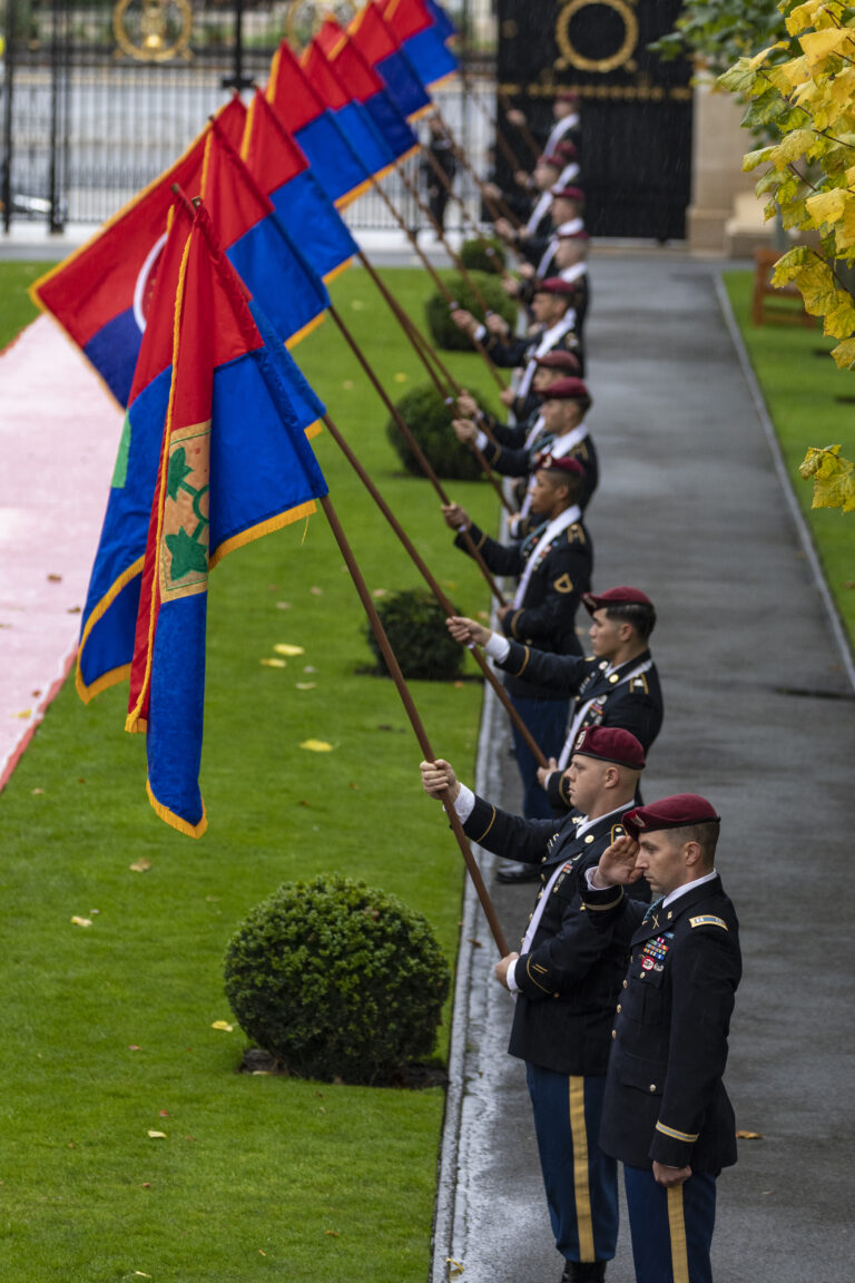 Soldiers await the arrival of President Donald J. Trump at Suresnes American Cemetery for the ceremony to mark the 100th anniversary of the Armistice.