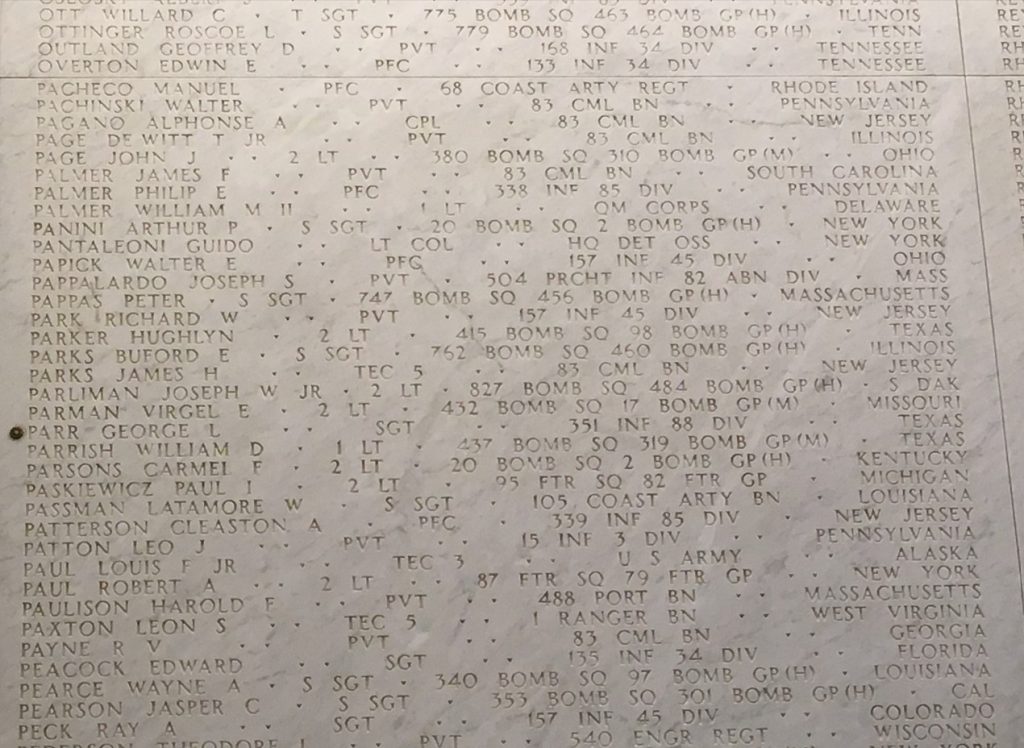 Name of Lt. Col. Guido Pantaleoni on the Wall of the Missing at Sicily-Rome American Cemetery. Credits: American Battle Monuments Commission.